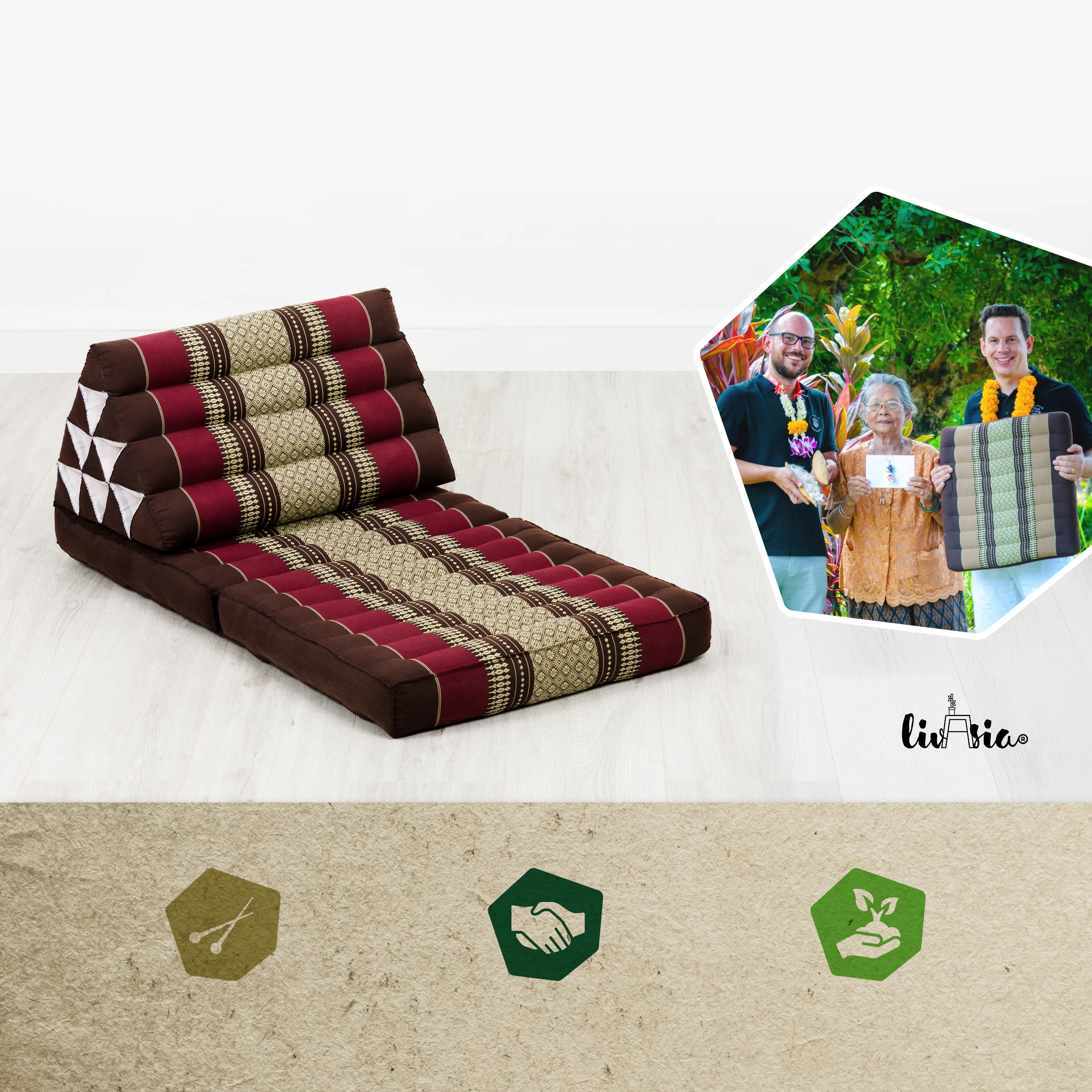 Cuscino thai in kapok con 2 elementi pieghevoli