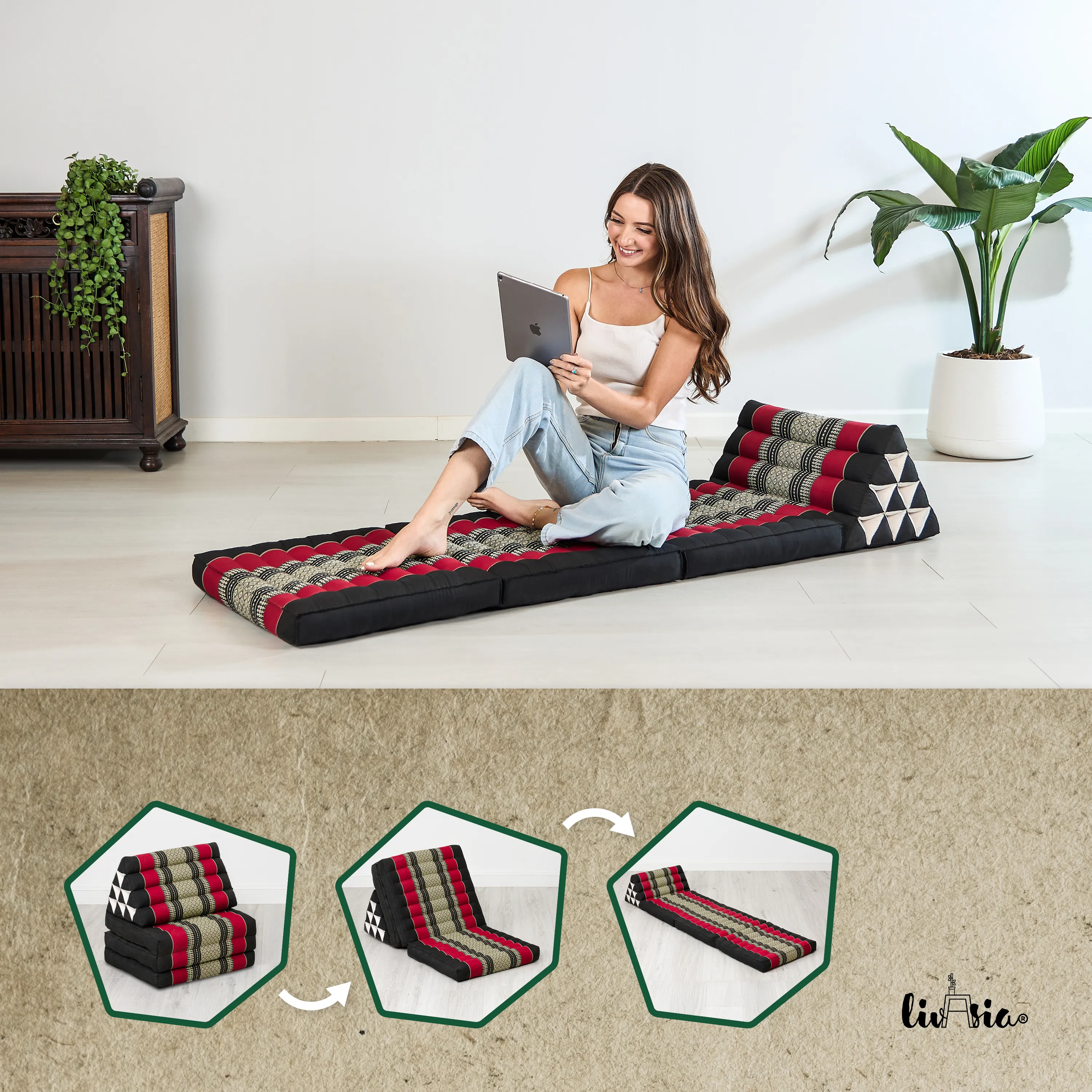 Cuscino thai in kapok con 3 elementi pieghevoli, Classic
