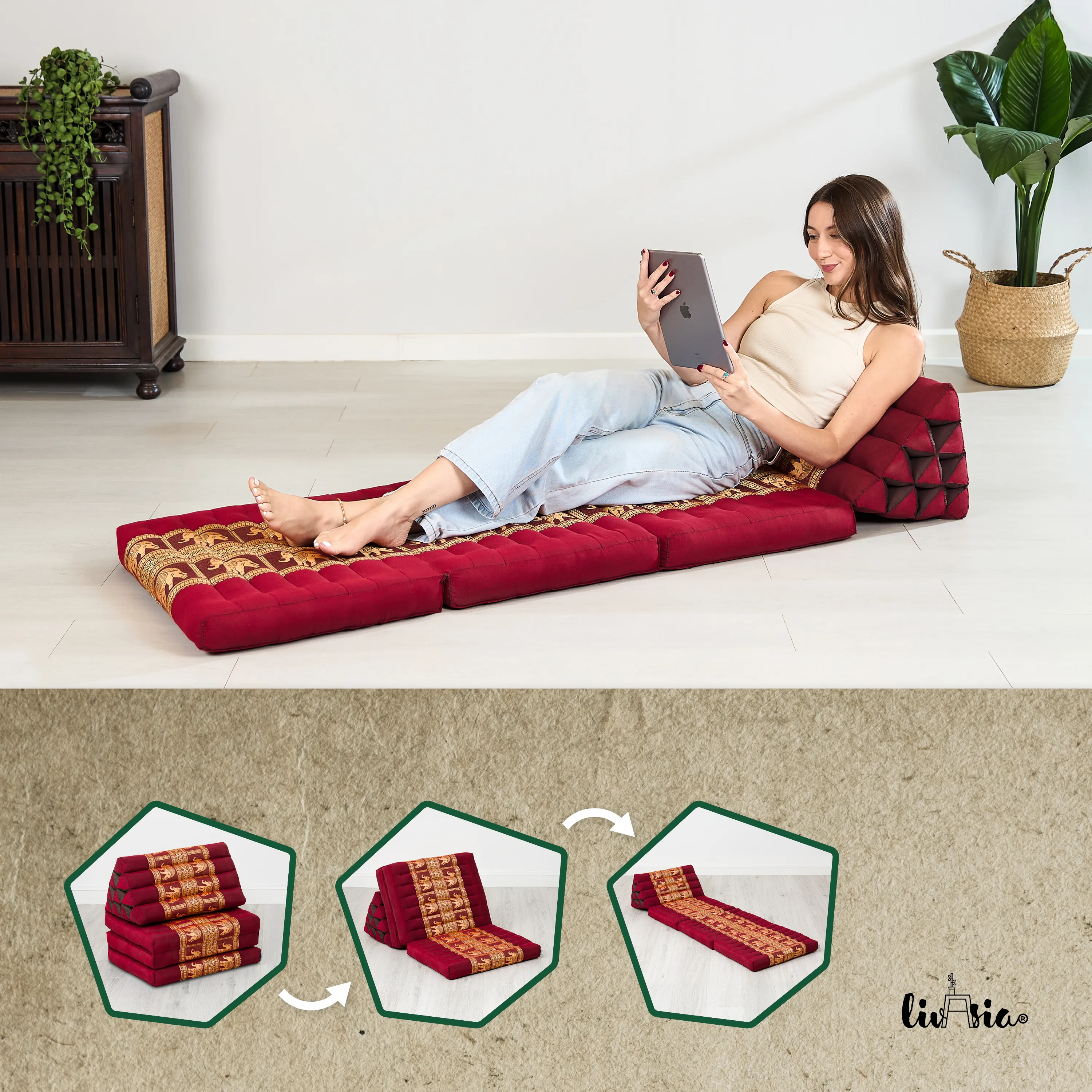 Cuscino thai in kapok con 3 elementi pieghevoli, Deluxe