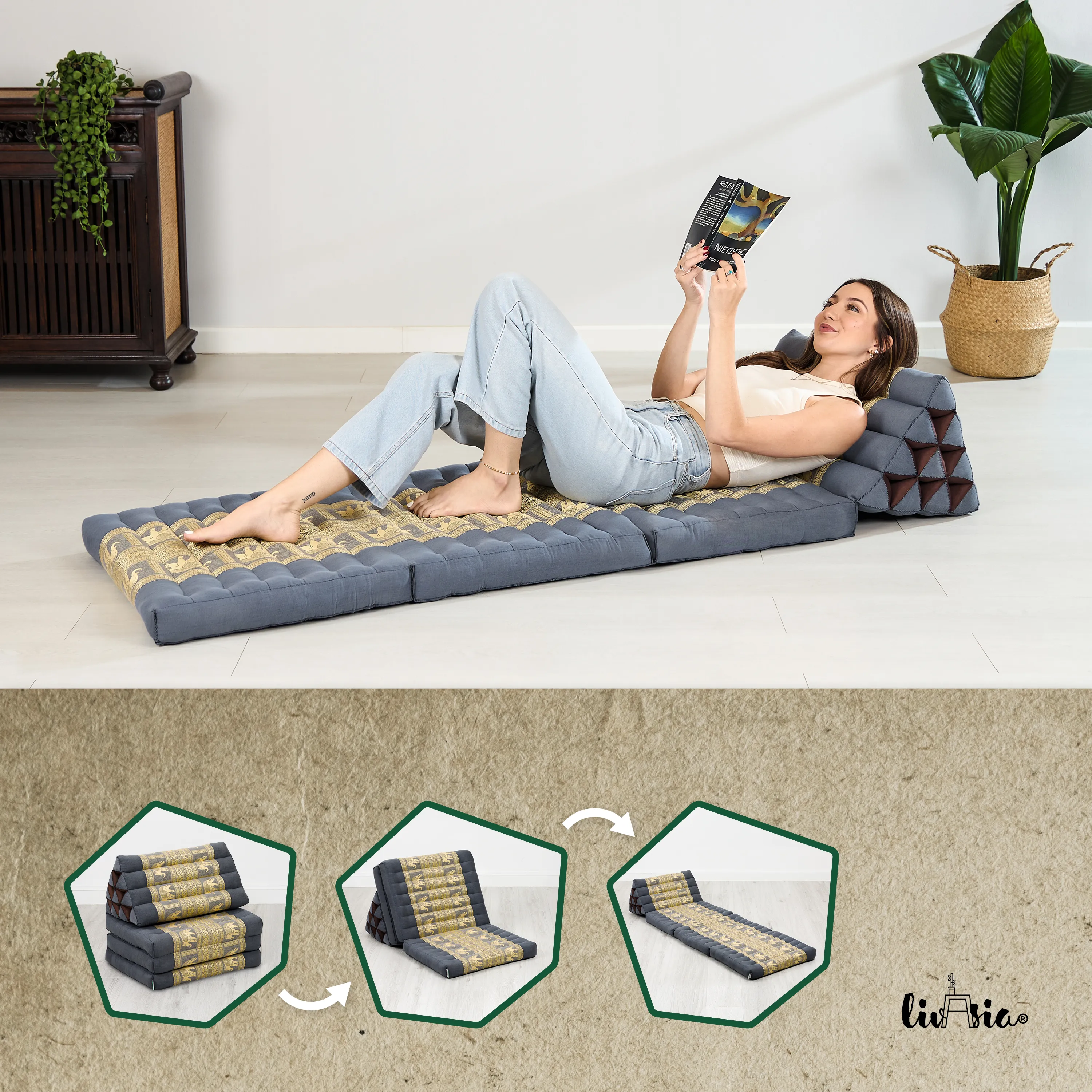 Cuscino thai in kapok con 3 elementi pieghevoli, Deluxe