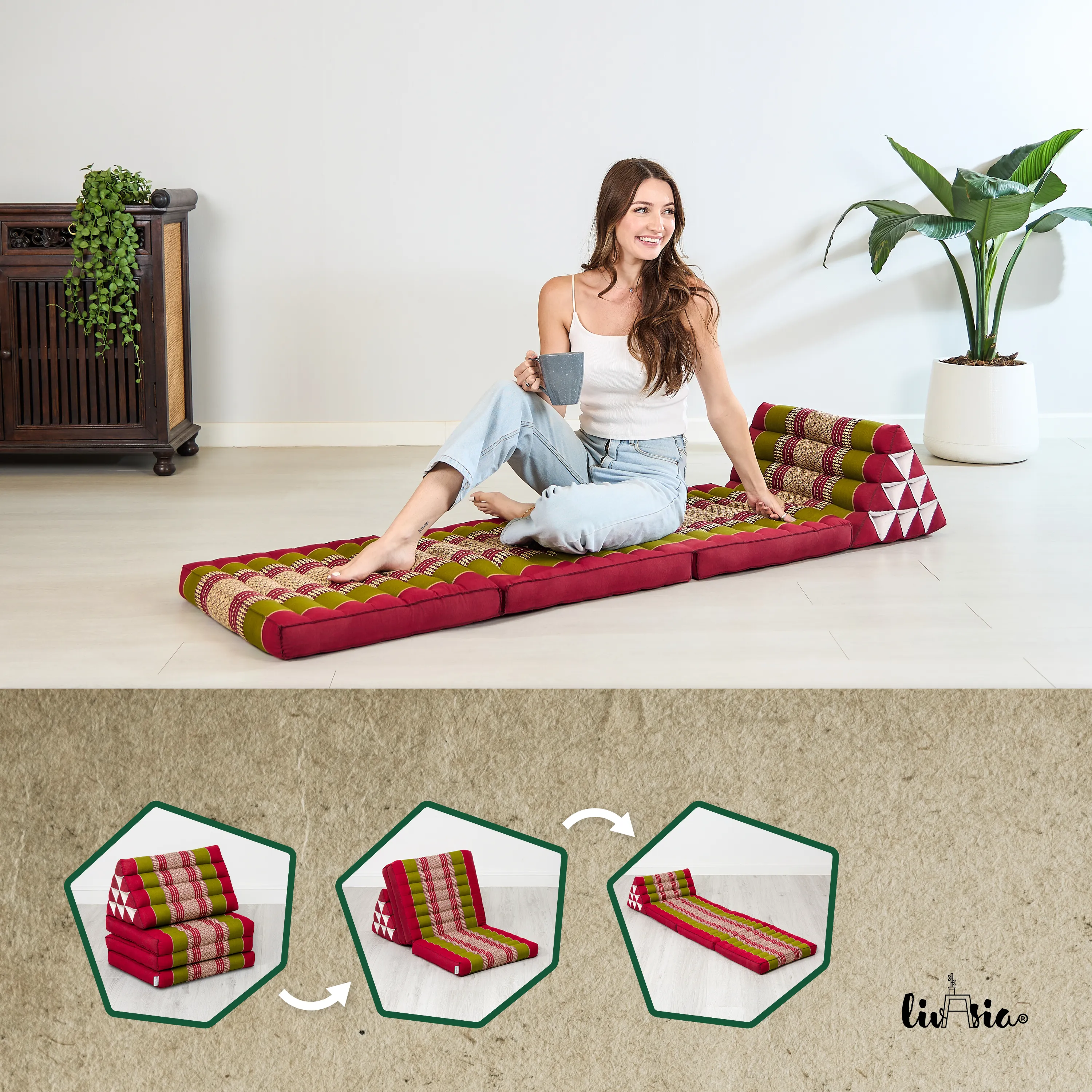 Cuscino thai in kapok con 3 elementi pieghevoli, Classic
